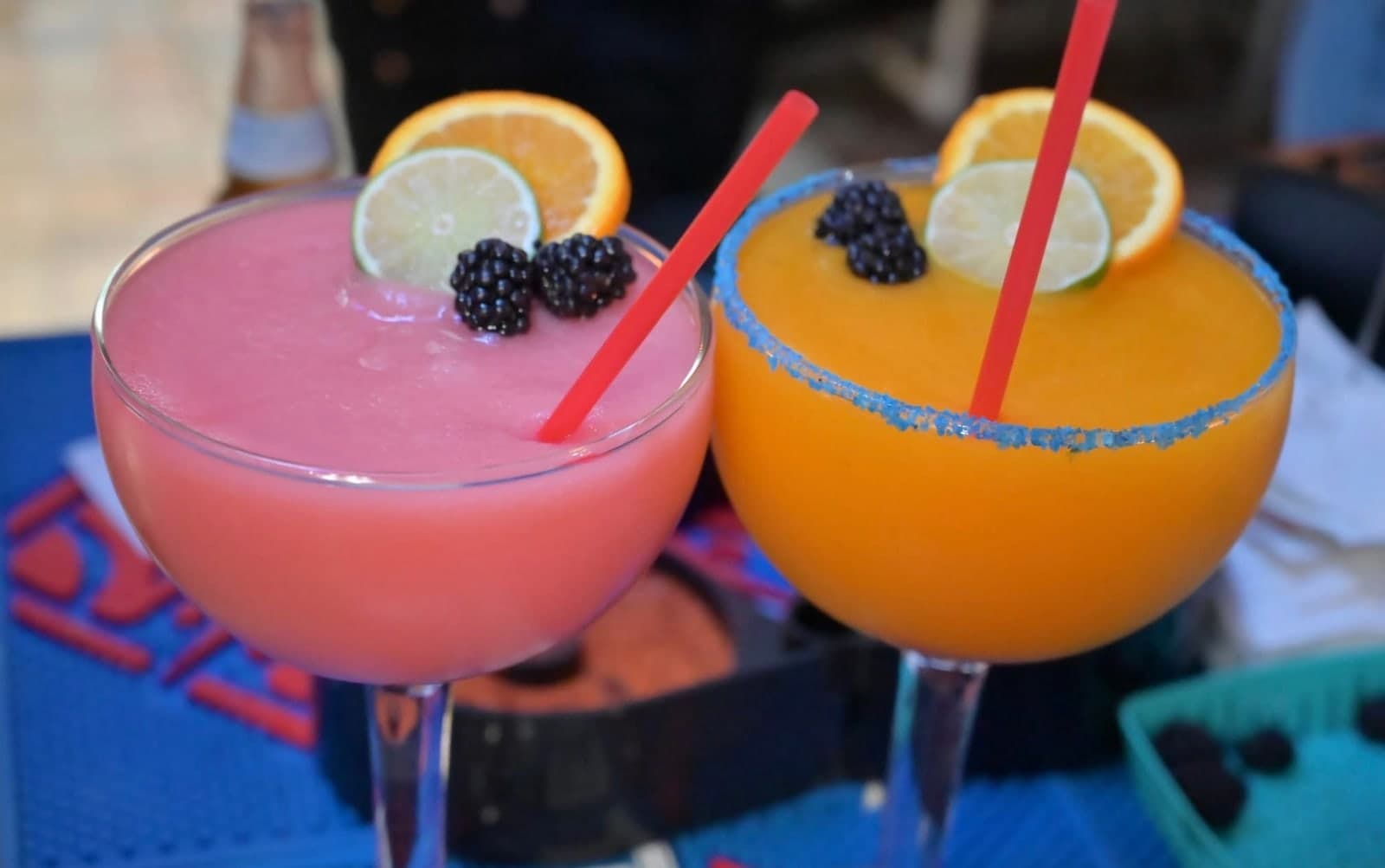 A pair of fresh-squeezed margaritas at the bar.