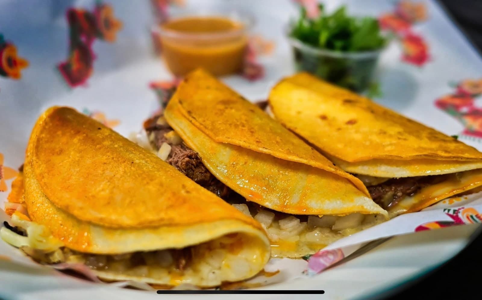 Quesabirria tacos with a side of consommé.